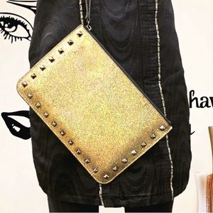 NWT Rebecca Minkoff Glitter Kerry Clutch Wristlet, Gold